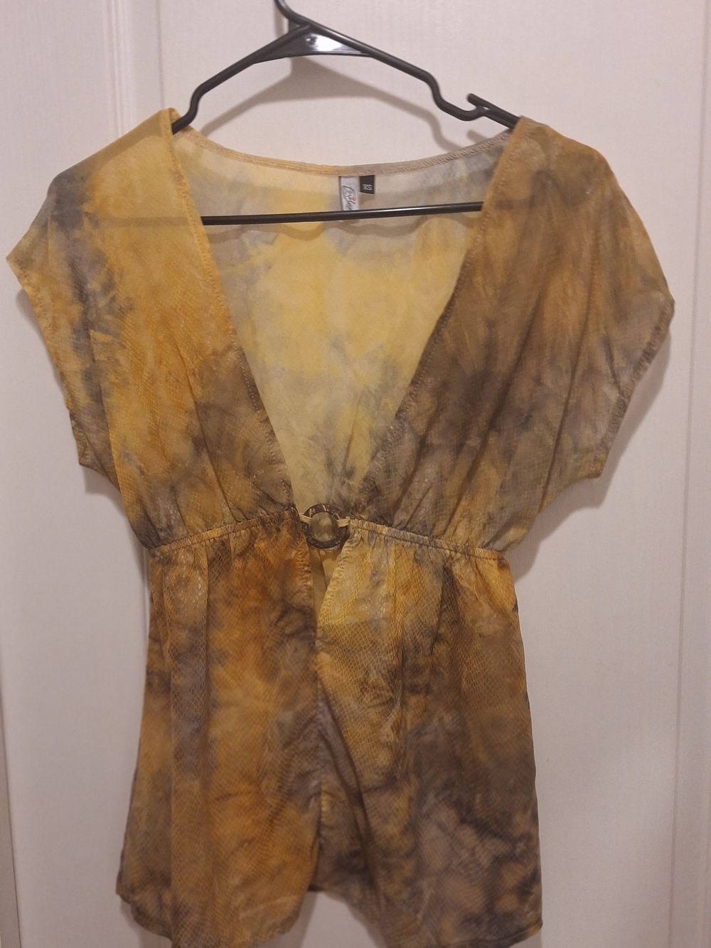 NWOT /Forplay/ Yellow and Brown Sheer Tie-Dye V-Neck Tunic with Ring Detail
